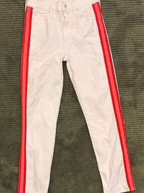 MOTHER White Ankle Jeans with Red Side Stripes